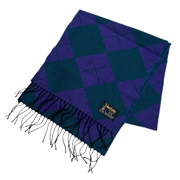 Vintage Johnstons of Elgin Wool Purple Green Plaid Made in Scotland Scarf - Picture 1 of 6
